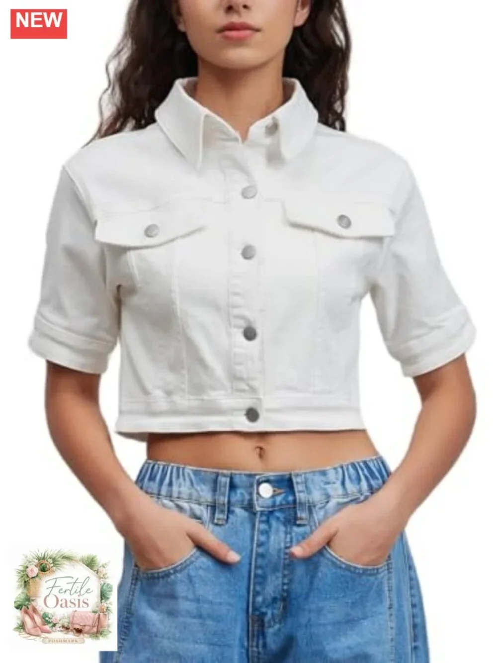 Women Cropped Denim Jacket Short Sleeve Button Down Trucker Jean Coat